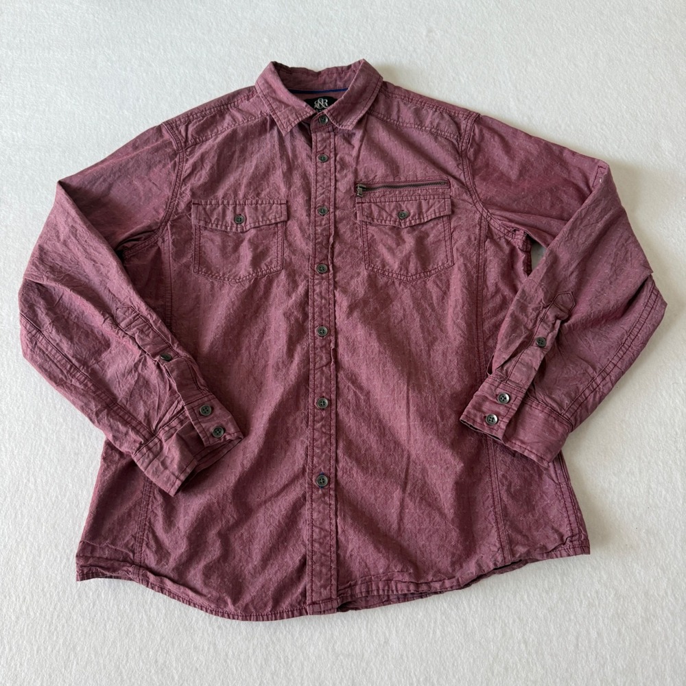 Rock & Republic Button Down Shirt Mens Medium Burgundy Textured Long Sleeve